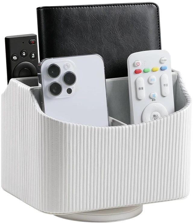 Main image of 360° Rotating TV Remote Control Holder Desk Remote Organizer White PU Leather 5 Compartments Remote Caddy, Spinnig Remote Organizer, Swivel Remote Holder for Nightstand Office Coffee Table