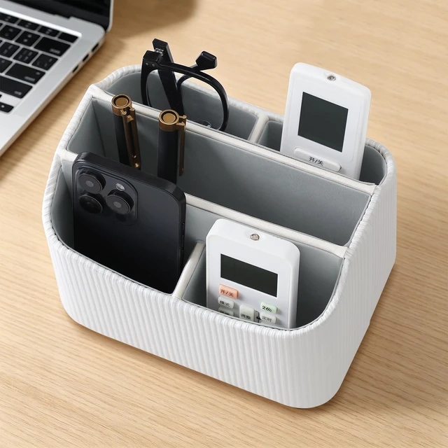 Alt view image 3 of 7 - 360° Rotating TV Remote Control Holder Desk Remote Organizer White PU Leather 5 Compartments Remote Caddy, Spinnig Remote Organizer, Swivel Remote Holder for Nightstand Office Coffee Table