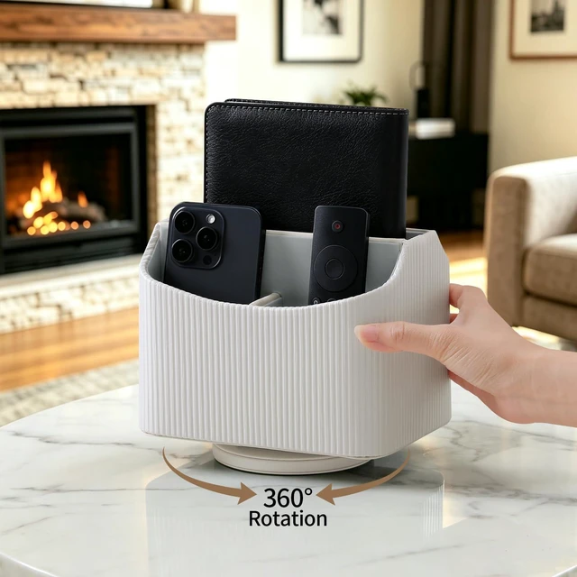 Alt view image 6 of 7 - 360° Rotating TV Remote Control Holder Desk Remote Organizer White PU Leather 5 Compartments Remote Caddy, Spinnig Remote Organizer, Swivel Remote Holder for Nightstand Office Coffee Table