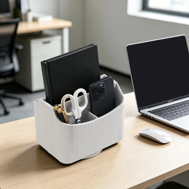 Alt view image 7 of 7 - 360° Rotating TV Remote Control Holder Desk Remote Organizer White PU Leather 5 Compartments Remote Caddy, Spinnig Remote Organizer, Swivel Remote Holder for Nightstand Office Coffee Table