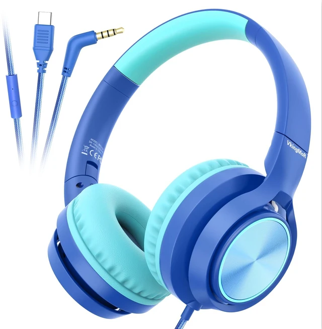 Main image of Kids Headphones USB Type C for School Travel with Mic Upgrade USB-C&3.5mm Jack,Safe Volume 94dB,HD Stereo Sound Foldable On-Ear Headphones for Boys/Girls/Students/Tablet/Blue