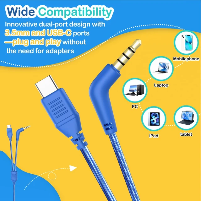 Alt view image 2 of 7 - Kids Headphones USB Type C for School Travel with Mic Upgrade USB-C&3.5mm Jack,Safe Volume 94dB,HD Stereo Sound Foldable On-Ear Headphones for Boys/Girls/Students/Tablet/Blue