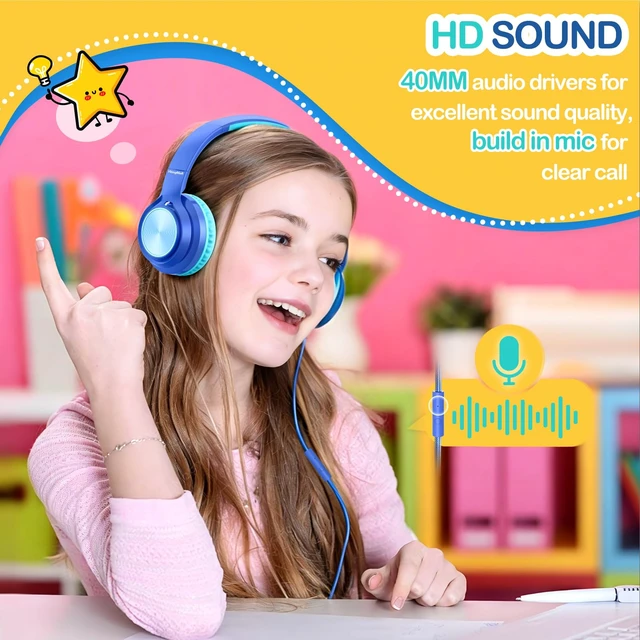 Alt view image 3 of 7 - Kids Headphones USB Type C for School Travel with Mic Upgrade USB-C&3.5mm Jack,Safe Volume 94dB,HD Stereo Sound Foldable On-Ear Headphones for Boys/Girls/Students/Tablet/Blue