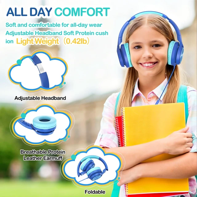 Alt view image 5 of 7 - Kids Headphones USB Type C for School Travel with Mic Upgrade USB-C&3.5mm Jack,Safe Volume 94dB,HD Stereo Sound Foldable On-Ear Headphones for Boys/Girls/Students/Tablet/Blue