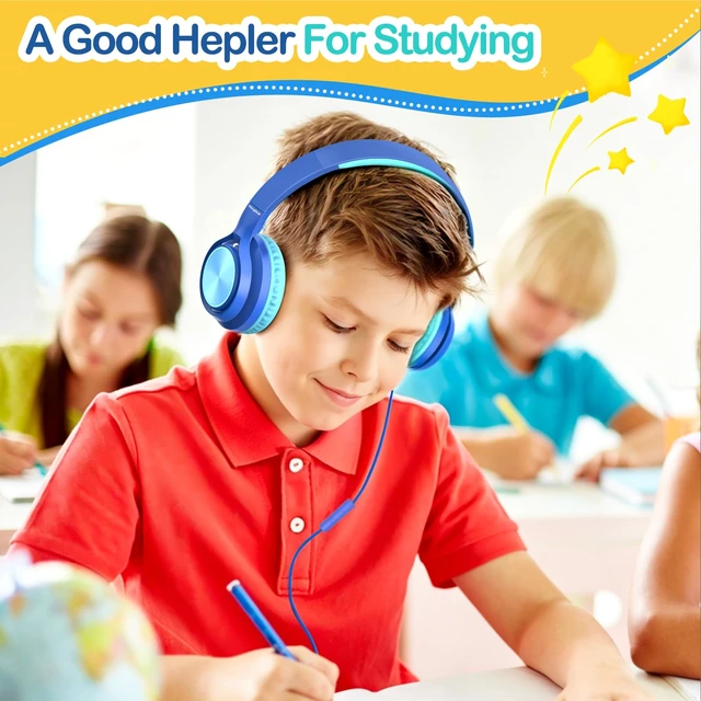 Alt view image 6 of 7 - Kids Headphones USB Type C for School Travel with Mic Upgrade USB-C&3.5mm Jack,Safe Volume 94dB,HD Stereo Sound Foldable On-Ear Headphones for Boys/Girls/Students/Tablet/Blue