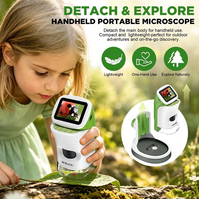 Alt view image 4 of 7 - Kids Digital Microscope with Detachable Stand STEM Science Kit Gift Toys Rechargable Bug Viewer Slides Kit Photo & Video 4K Screen Indoor & Outdoor Exploration for Boys Girls Ages 6-12