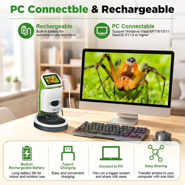 Alt view image 6 of 7 - Kids Digital Microscope with Detachable Stand STEM Science Kit Gift Toys Rechargable Bug Viewer Slides Kit Photo & Video 4K Screen Indoor & Outdoor Exploration for Boys Girls Ages 6-12