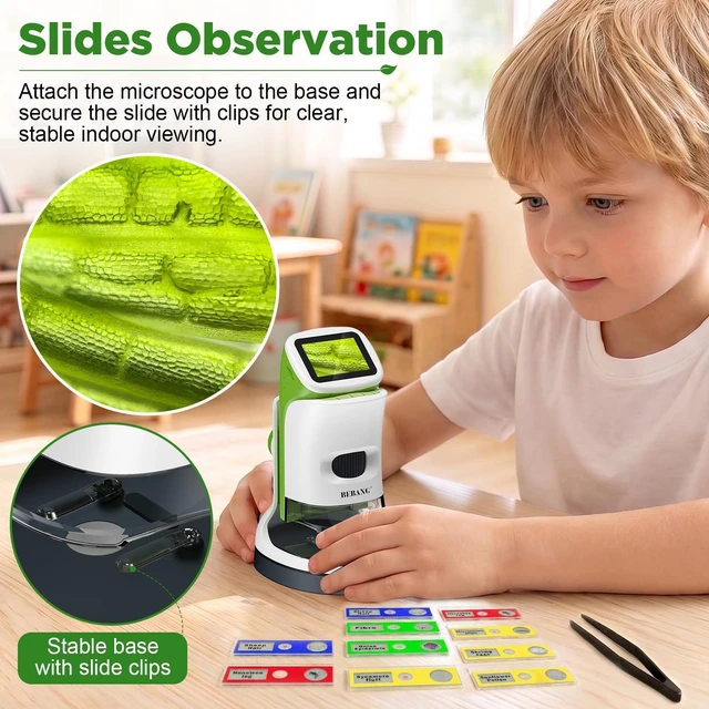 Alt view image 2 of 7 - Kids Digital Microscope with Detachable Stand STEM Science Kit Gift Toys Rechargable Bug Viewer Slides Kit Photo & Video 4K Screen Indoor & Outdoor Exploration for Boys Girls Ages 6-12