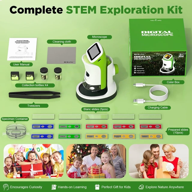 Alt view image 7 of 7 - Kids Digital Microscope with Detachable Stand STEM Science Kit Gift Toys Rechargable Bug Viewer Slides Kit Photo & Video 4K Screen Indoor & Outdoor Exploration for Boys Girls Ages 6-12