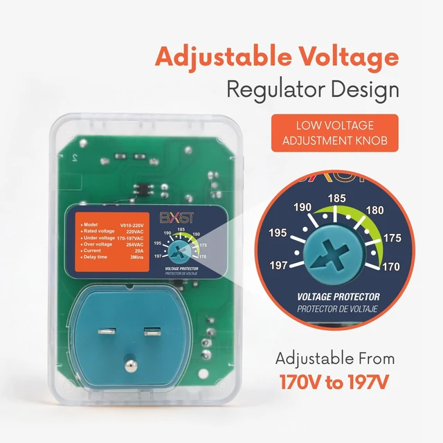 Alt view image 5 of 7 - Surge Protector 220V for Refrigerators, Single Outlet Voltage Protector 20A 4400W for Home Major Appliances with 3M Delay, Adjustable UnderVoltage, On/Off Switch140J