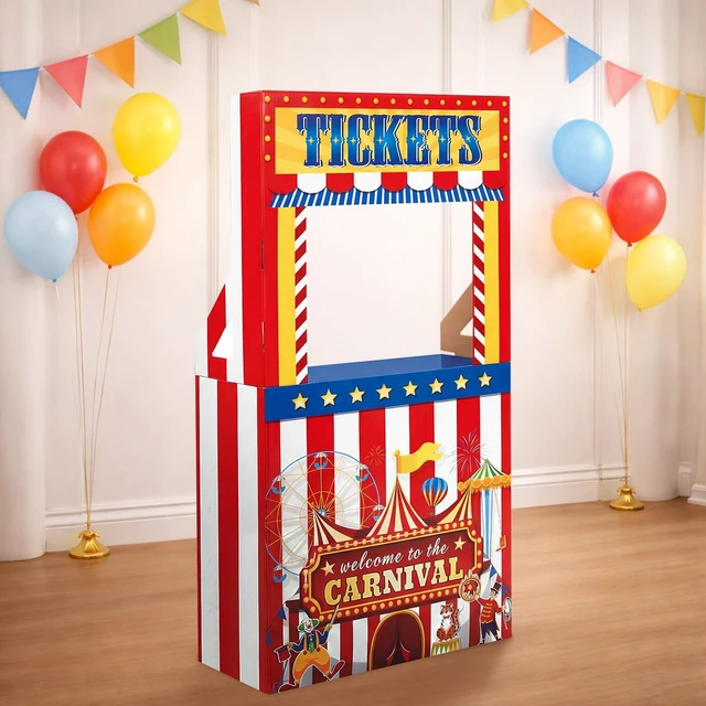 Main image of 3D Circus Halloween Ticket Booth Creepy Carnival Decorations Cardboard Circus Ticket Booth Stand with a 7 Liter Water Weight Bag (No Water), Photo Prop Decorative Sign for Party