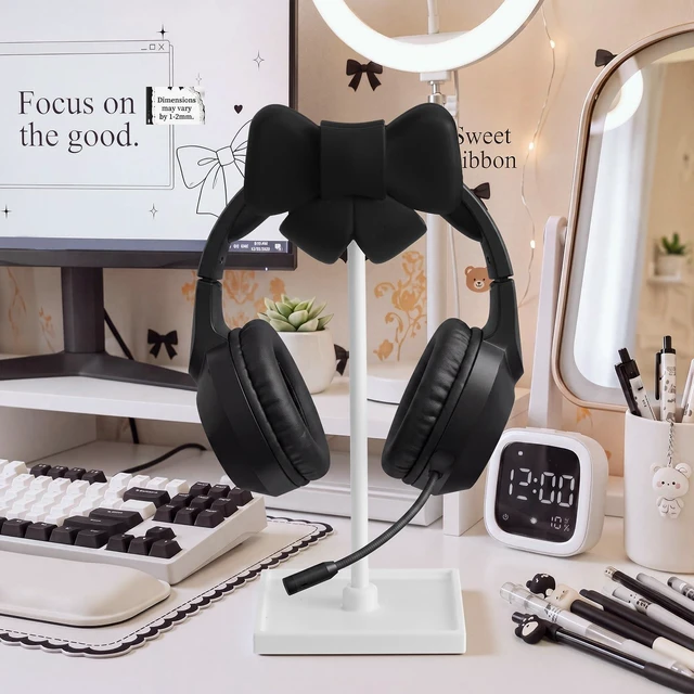 Alt view image 4 of 6 - Black Bow Headphone Stand Cute Headphone Holder with Storage Tray Curved, Coquette, Gaming, Headset Holder for Desk, Space Saving, Organizer, Desktop, Women, All Headset, Home Office Setup