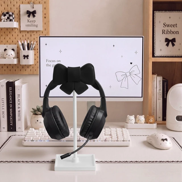 Alt view image 3 of 6 - Black Bow Headphone Stand Cute Headphone Holder with Storage Tray Curved, Coquette, Gaming, Headset Holder for Desk, Space Saving, Organizer, Desktop, Women, All Headset, Home Office Setup