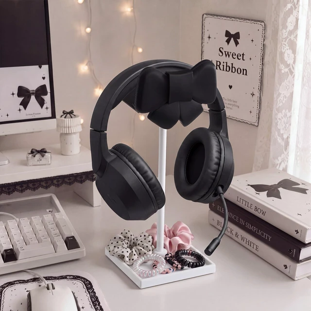 Alt view image 5 of 6 - Black Bow Headphone Stand Cute Headphone Holder with Storage Tray Curved, Coquette, Gaming, Headset Holder for Desk, Space Saving, Organizer, Desktop, Women, All Headset, Home Office Setup
