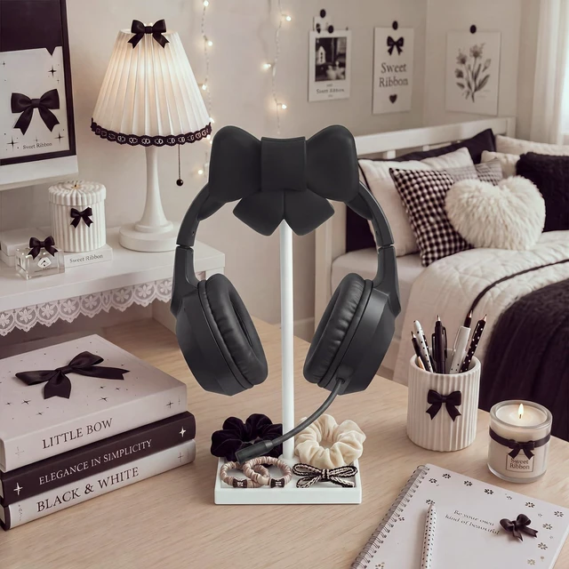 Alt view image 6 of 6 - Black Bow Headphone Stand Cute Headphone Holder with Storage Tray Curved, Coquette, Gaming, Headset Holder for Desk, Space Saving, Organizer, Desktop, Women, All Headset, Home Office Setup