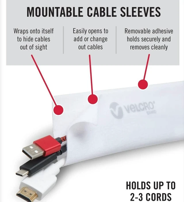 Alt view image 2 of 7 - Mountable Cable Sleeve, White, 8 in, 2 Pack Organize And Route Cords On Walls, Desks And Entertainment Centers; Removable Adhesive Mounts Damage Free