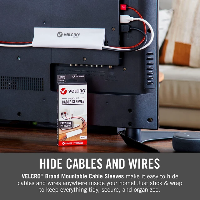 Alt view image 7 of 7 - Mountable Cable Sleeve, White, 8 in, 2 Pack Organize And Route Cords On Walls, Desks And Entertainment Centers; Removable Adhesive Mounts Damage Free