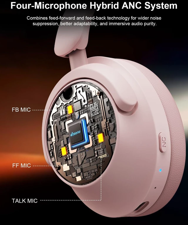 Alt view image 3 of 7 - Hybrid Active Noise Cancelling Headphones, Over-Ear Bluetooth Headphone with Hi-Res Audio, 90H Playtime, Deep Bass, Transparency Mode, Foldable Comfort Cups, Graduation Gifts for Travel Office - Pink