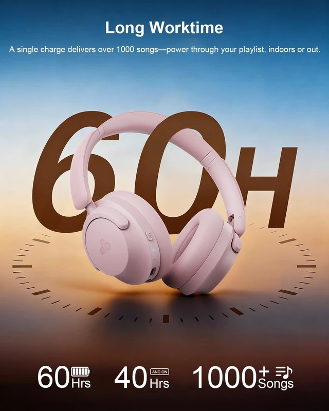 Alt view image 5 of 7 - Hybrid Active Noise Cancelling Headphones, Over-Ear Bluetooth Headphone with Hi-Res Audio, 90H Playtime, Deep Bass, Transparency Mode, Foldable Comfort Cups, Graduation Gifts for Travel Office - Pink