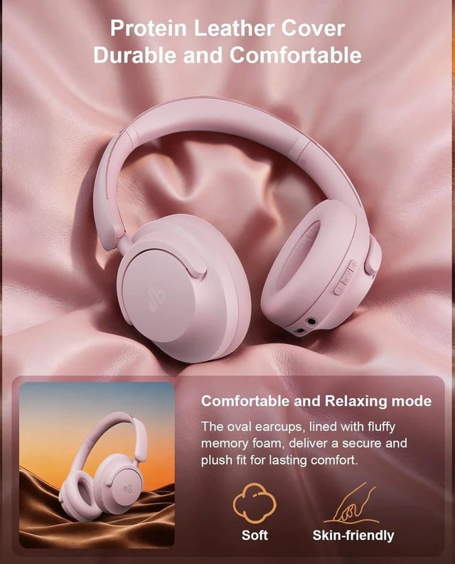 Alt view image 6 of 7 - Hybrid Active Noise Cancelling Headphones, Over-Ear Bluetooth Headphone with Hi-Res Audio, 90H Playtime, Deep Bass, Transparency Mode, Foldable Comfort Cups, Graduation Gifts for Travel Office - Pink
