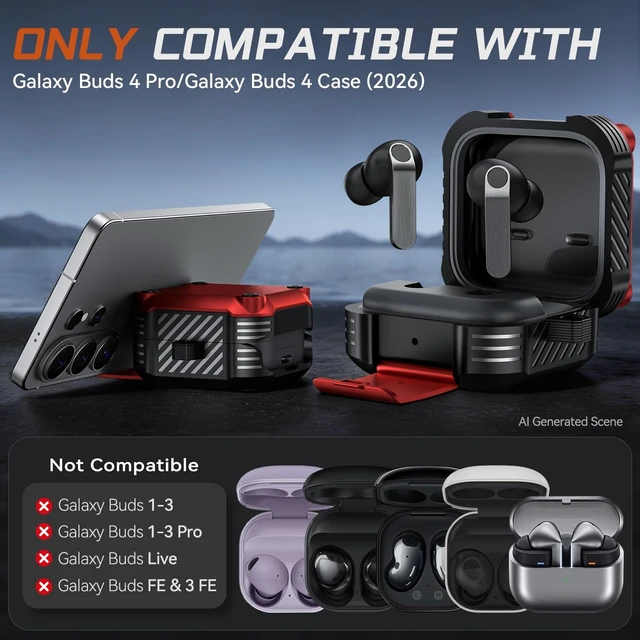 Alt view image 2 of 7 - Lock Case for Samsung Galaxy Buds 4 Pro/Buds 4 Case (2026)(Red) Rugged Carbon Fiber Cover with Phone Stand & Cleaning Kit & Carabiner, Compatible with MagSafe