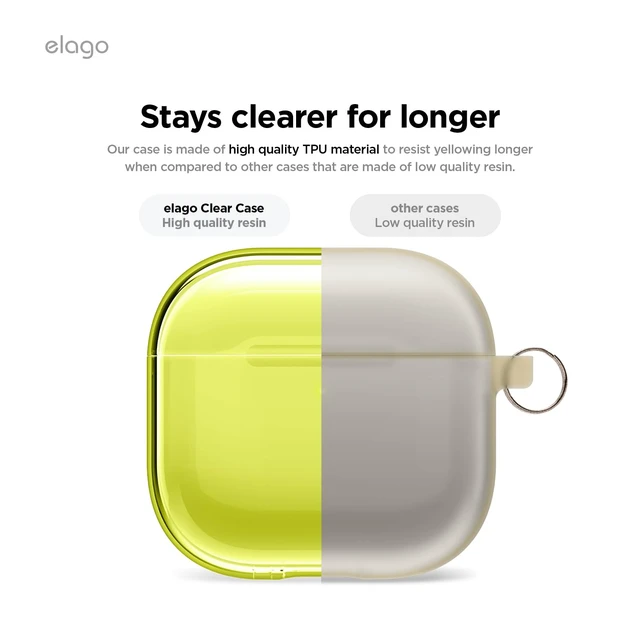 Alt view image 3 of 7 - Clear Case for Apple AirPods 5 & AirPods 4 Carabiner Included, Reduced Yellowing, Wireless Charging, Shock Resistant (Neon Yellow)