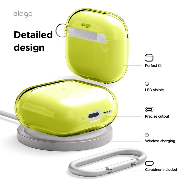 Alt view image 5 of 7 - Clear Case for Apple AirPods 5 & AirPods 4 Carabiner Included, Reduced Yellowing, Wireless Charging, Shock Resistant (Neon Yellow)