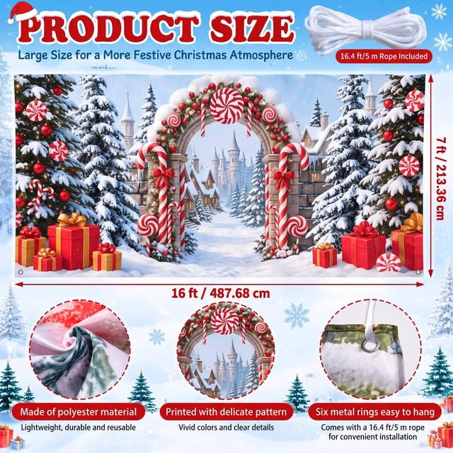 Alt view image 2 of 6 - 7x16 ft Candy Cane Christmas Garage Door Cover Winter Village Snow Banner Outdoor Large Polyester Backdrop for Double Garages Decor, Photos Parties, A Peppermint Swirl Arch, Snowy Village Gift Scene