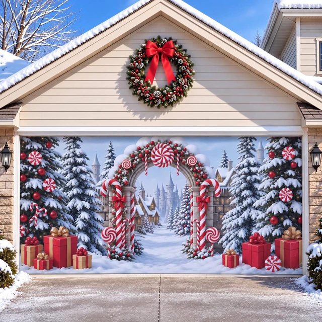 Main image of 7x16 ft Candy Cane Christmas Garage Door Cover Winter Village Snow Banner Outdoor Large Polyester Backdrop for Double Garages Decor, Photos Parties, A Peppermint Swirl Arch, Snowy Village Gift Scene