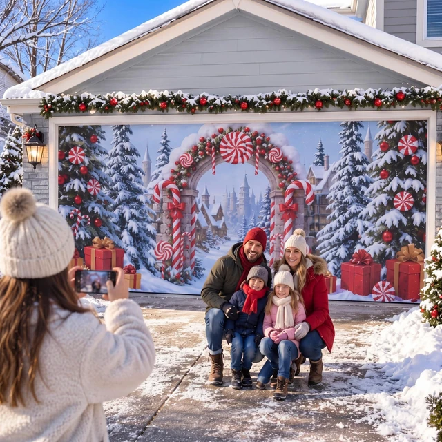 Alt view image 4 of 6 - 7x16 ft Candy Cane Christmas Garage Door Cover Winter Village Snow Banner Outdoor Large Polyester Backdrop for Double Garages Decor, Photos Parties, A Peppermint Swirl Arch, Snowy Village Gift Scene