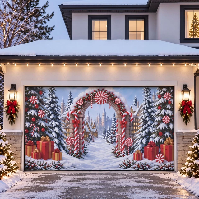 Alt view image 3 of 6 - 7x16 ft Candy Cane Christmas Garage Door Cover Winter Village Snow Banner Outdoor Large Polyester Backdrop for Double Garages Decor, Photos Parties, A Peppermint Swirl Arch, Snowy Village Gift Scene