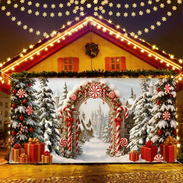 Alt view image 6 of 6 - 7x16 ft Candy Cane Christmas Garage Door Cover Winter Village Snow Banner Outdoor Large Polyester Backdrop for Double Garages Decor, Photos Parties, A Peppermint Swirl Arch, Snowy Village Gift Scene