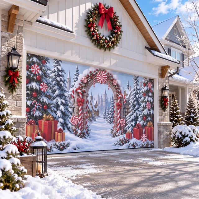 Alt view image 5 of 6 - 7x16 ft Candy Cane Christmas Garage Door Cover Winter Village Snow Banner Outdoor Large Polyester Backdrop for Double Garages Decor, Photos Parties, A Peppermint Swirl Arch, Snowy Village Gift Scene