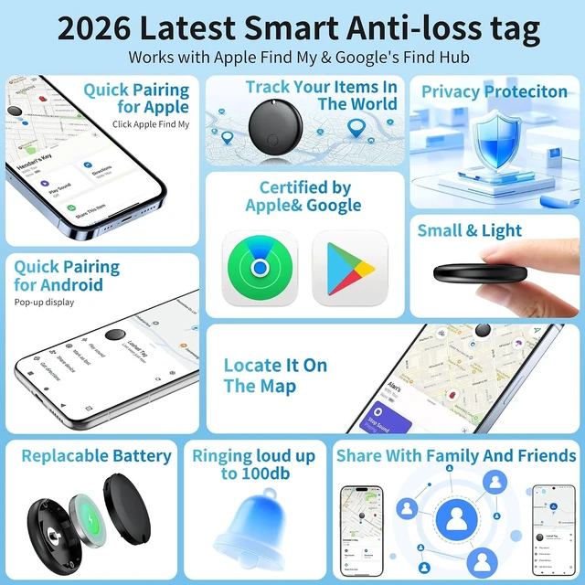 Alt view image 2 of 5 - Tracker Tag-2 Pack Item Locator for Android & iOS Bluetooth Tracker,Key Finders,Smart Tags Work with Apple Find My & Google's Find Hub