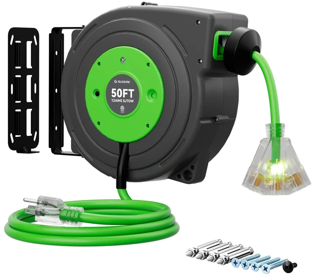Main image of 50 FT Retractable Extension Cord Reel, Heavy Duty 12AWG/3C SJTOW Power Cord, Lighted Triple Tap, 15A Circuit Breaker, Wall/Ceiling Mount Electric Cord Reel for Garage & Workshop, ETL Listed, Green