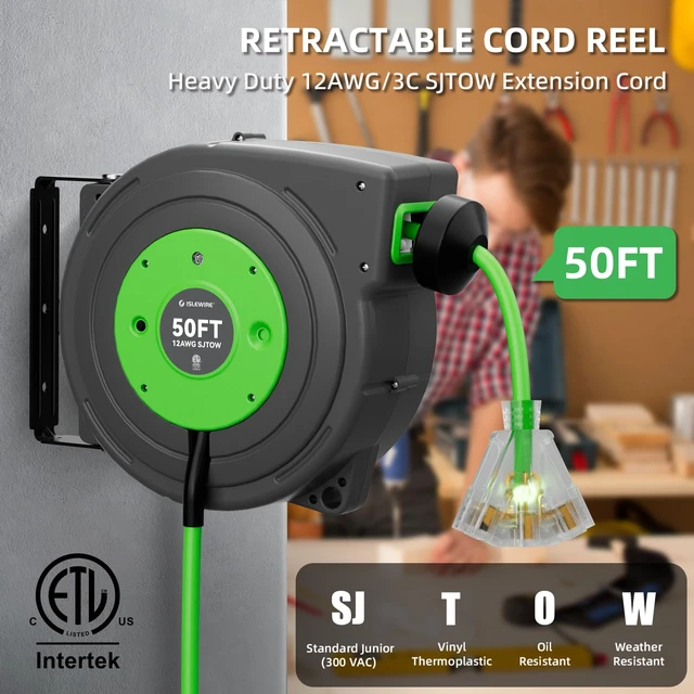 Alt view image 2 of 7 - 50 FT Retractable Extension Cord Reel, Heavy Duty 12AWG/3C SJTOW Power Cord, Lighted Triple Tap, 15A Circuit Breaker, Wall/Ceiling Mount Electric Cord Reel for Garage & Workshop, ETL Listed, Green