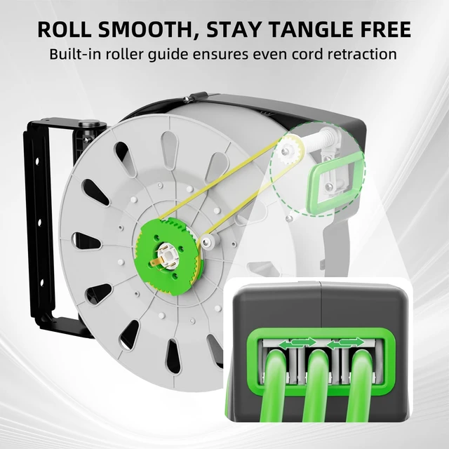 Alt view image 4 of 7 - 50 FT Retractable Extension Cord Reel, Heavy Duty 12AWG/3C SJTOW Power Cord, Lighted Triple Tap, 15A Circuit Breaker, Wall/Ceiling Mount Electric Cord Reel for Garage & Workshop, ETL Listed, Green