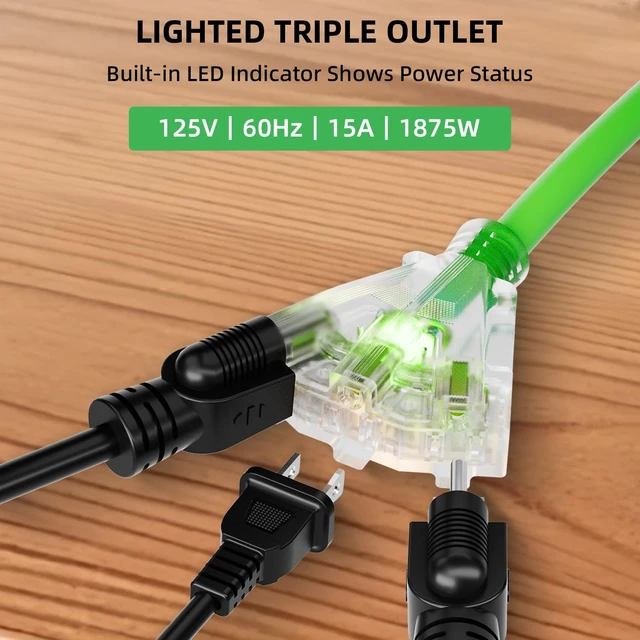 Alt view image 7 of 7 - 50 FT Retractable Extension Cord Reel, Heavy Duty 12AWG/3C SJTOW Power Cord, Lighted Triple Tap, 15A Circuit Breaker, Wall/Ceiling Mount Electric Cord Reel for Garage & Workshop, ETL Listed, Green
