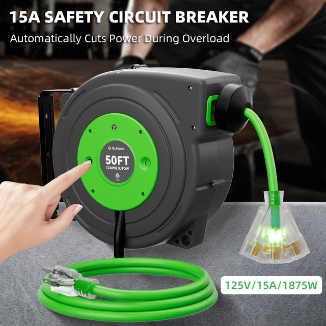 Alt view image 6 of 7 - 50 FT Retractable Extension Cord Reel, Heavy Duty 12AWG/3C SJTOW Power Cord, Lighted Triple Tap, 15A Circuit Breaker, Wall/Ceiling Mount Electric Cord Reel for Garage & Workshop, ETL Listed, Green