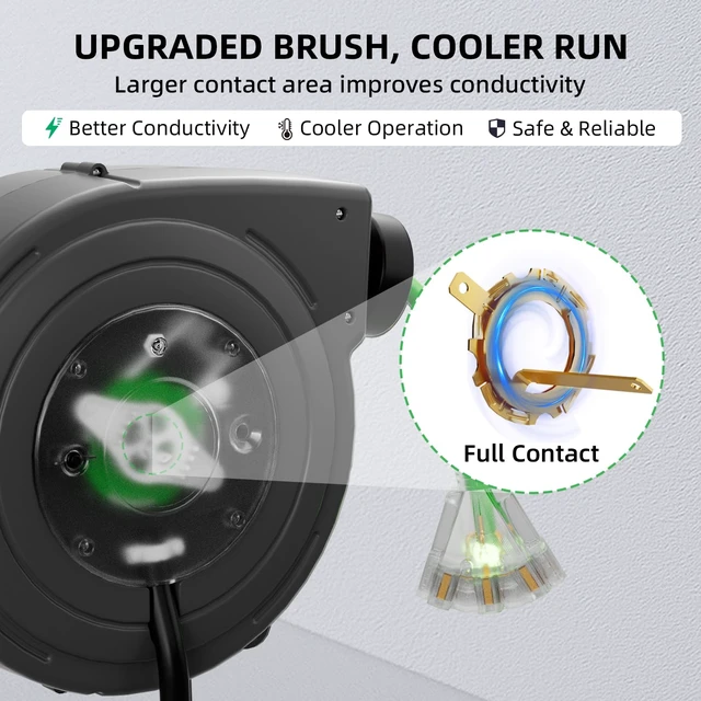 Alt view image 5 of 7 - 50 FT Retractable Extension Cord Reel, Heavy Duty 12AWG/3C SJTOW Power Cord, Lighted Triple Tap, 15A Circuit Breaker, Wall/Ceiling Mount Electric Cord Reel for Garage & Workshop, ETL Listed, Green