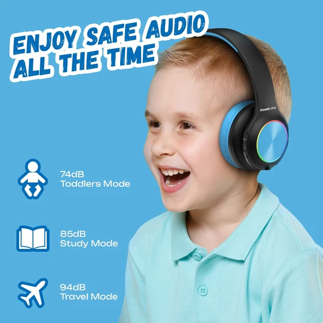 Alt view image 2 of 7 - Kids Bluetooth Headphones, LED Lights, with Fabric Carry Case Over Ear Kids Wireless Headphones, 74/85/94dB Safe Volume, Micro SD, Wired Mode, HD Stereo, Built-in Mic for Travel/Tablet/PC