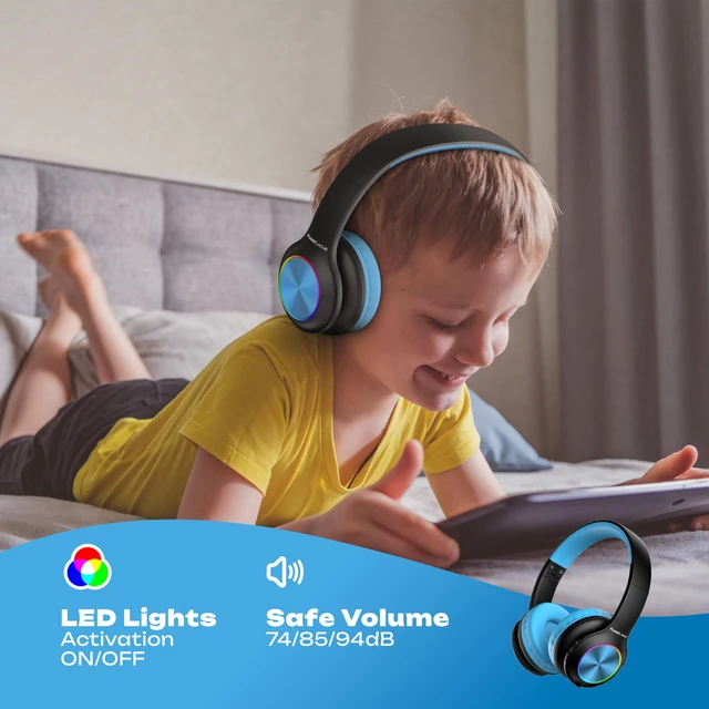 Alt view image 3 of 7 - Kids Bluetooth Headphones, LED Lights, with Fabric Carry Case Over Ear Kids Wireless Headphones, 74/85/94dB Safe Volume, Micro SD, Wired Mode, HD Stereo, Built-in Mic for Travel/Tablet/PC