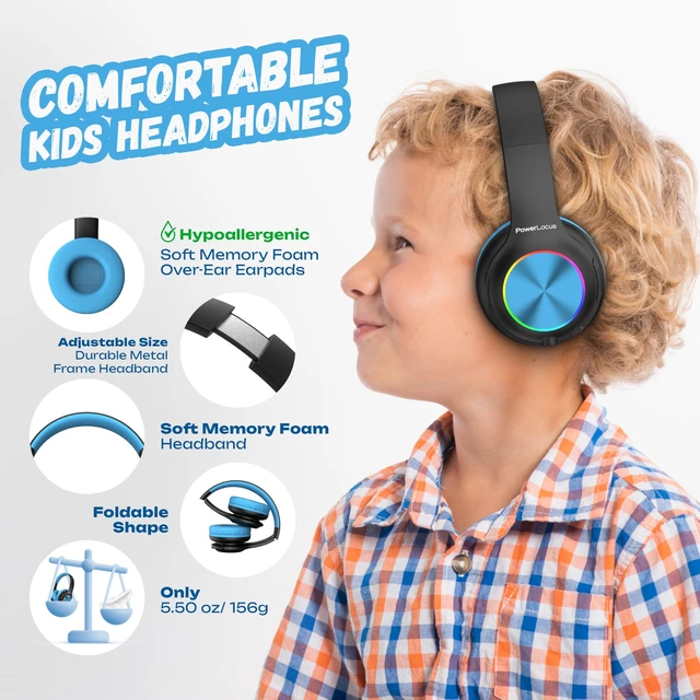Alt view image 4 of 7 - Kids Bluetooth Headphones, LED Lights, with Fabric Carry Case Over Ear Kids Wireless Headphones, 74/85/94dB Safe Volume, Micro SD, Wired Mode, HD Stereo, Built-in Mic for Travel/Tablet/PC