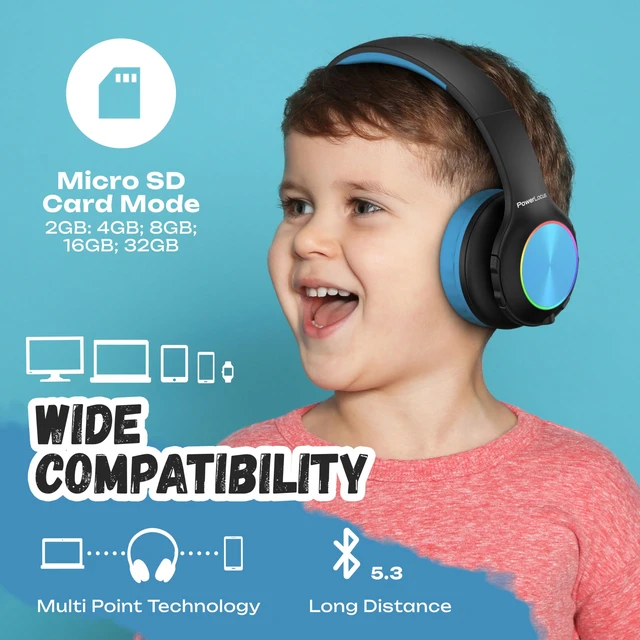 Alt view image 5 of 7 - Kids Bluetooth Headphones, LED Lights, with Fabric Carry Case Over Ear Kids Wireless Headphones, 74/85/94dB Safe Volume, Micro SD, Wired Mode, HD Stereo, Built-in Mic for Travel/Tablet/PC