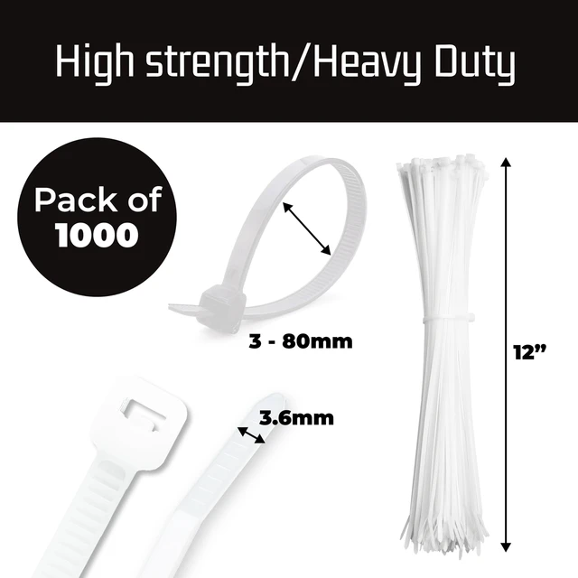 Alt view image 5 of 7 - 1000-Piece Set Zip Cable Ties - 12-Inch Heavy Duty Self-Locking Nylon Wire Ties - 40 lbs Tensile Strength for Indoor or Outdoor Use - Durable, UV and Temperature Resistant White Zip Ties