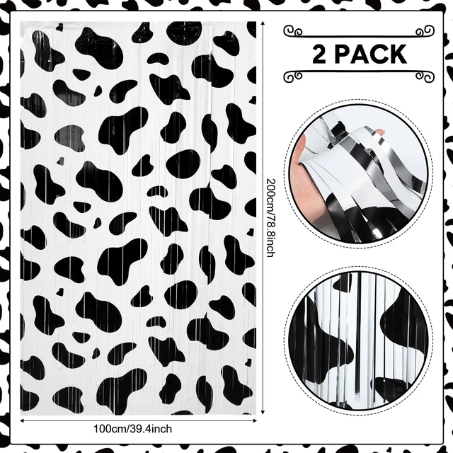 Alt view image 2 of 6 - 2 Pcs Cow Foil Fringe Curtains 3.3 x 6.6 Ft Farm Party Backdrop Black White Cow Farm Design for Birthday Cowgirl Rodeo Disco, Photo Booth Props, Metallic Foil Tinsel Streamers, Easy Setup