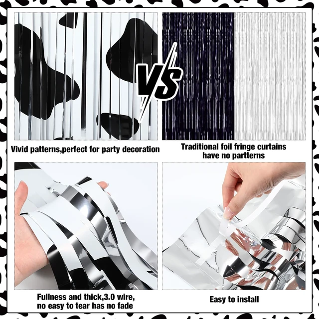 Alt view image 3 of 6 - 2 Pcs Cow Foil Fringe Curtains 3.3 x 6.6 Ft Farm Party Backdrop Black White Cow Farm Design for Birthday Cowgirl Rodeo Disco, Photo Booth Props, Metallic Foil Tinsel Streamers, Easy Setup