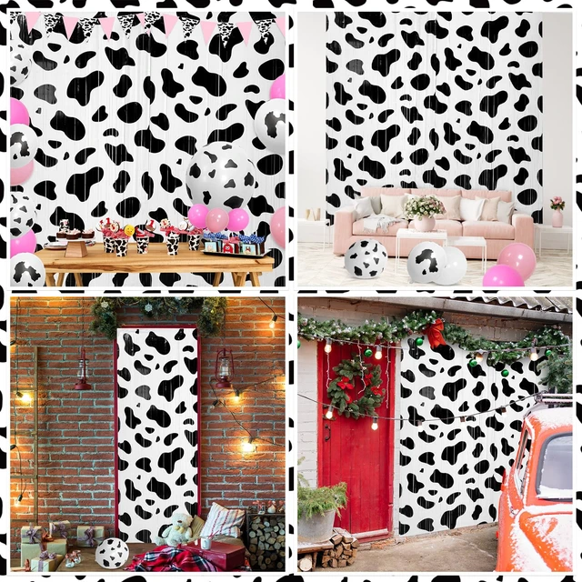 Alt view image 4 of 6 - 2 Pcs Cow Foil Fringe Curtains 3.3 x 6.6 Ft Farm Party Backdrop Black White Cow Farm Design for Birthday Cowgirl Rodeo Disco, Photo Booth Props, Metallic Foil Tinsel Streamers, Easy Setup