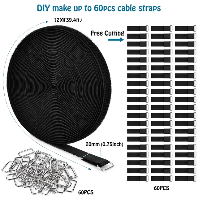 Alt view image 2 of 7 - 0.75" x39.4ft Hook and Loop Straps with 60 Buckles Adjustable Cut-to-Length Cable Ties - Reusable Nylon Fastening Tape Cable Straps for Storage or Organization (0.75in x 39.4ft)