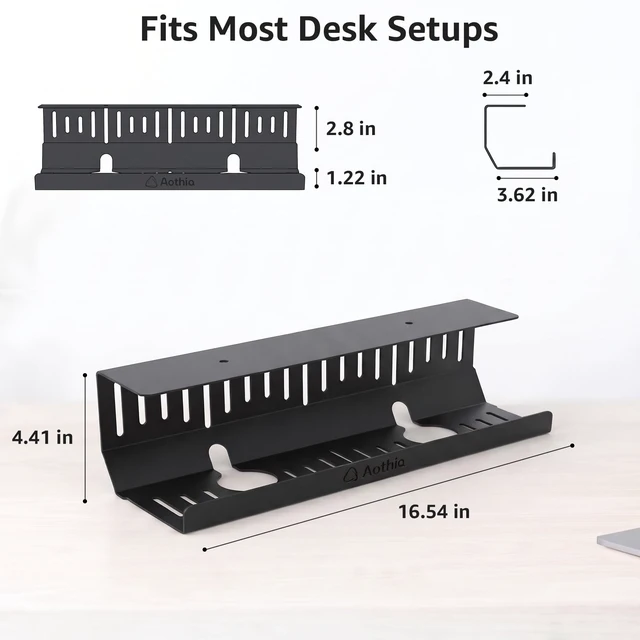 Alt view image 2 of 7 - Under Desk Cable Management Tray (16.5 in, Metal, Black) Powder-coated steel C-shaped tray holds power strips and adapters with open cable access for desks and workstations